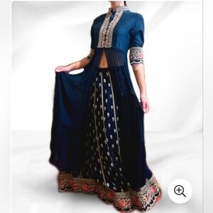 Navy And Gold Embroidered Anarkali Jacket And Lehenga Skirt
